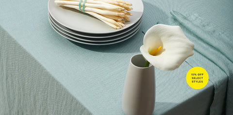 Table setting with plates, asparagus, and a white flower in a vase on a light blue tablecloth.